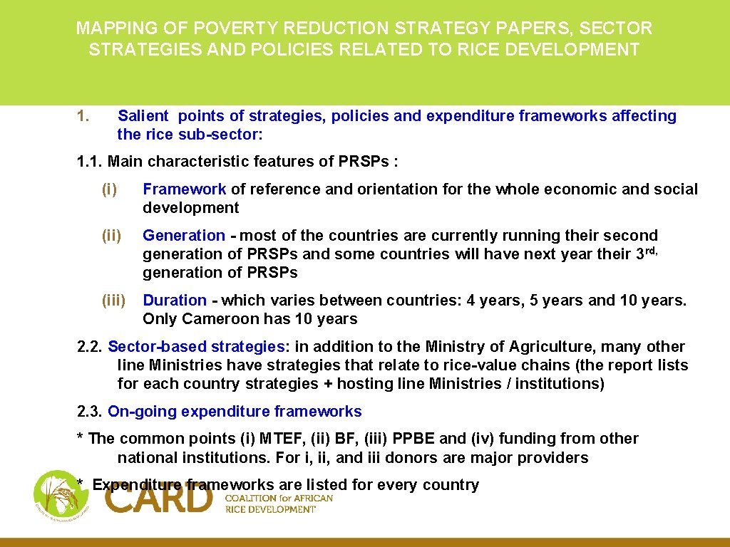 MAPPING OF POVERTY REDUCTION STRATEGY PAPERS, SECTOR STRATEGIES AND POLICIES RELATED TO RICE DEVELOPMENT MAPPING OF POVERTY REDUCTION STRATEGY PAPERS, SECTOR STRATEGIES AND POLICIES RELATED TO RICE DEVELOPMENT
