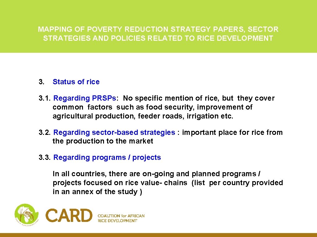 MAPPING OF POVERTY REDUCTION STRATEGY PAPERS, SECTOR STRATEGIES AND POLICIES RELATED TO RICE DEVELOPMENT MAPPING OF POVERTY REDUCTION STRATEGY PAPERS, SECTOR STRATEGIES AND POLICIES RELATED TO RICE DEVELOPMENT