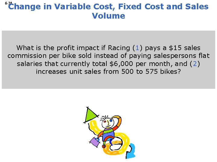 6 -31 Change in Variable Cost, Fixed Cost and Sales Volume What is the