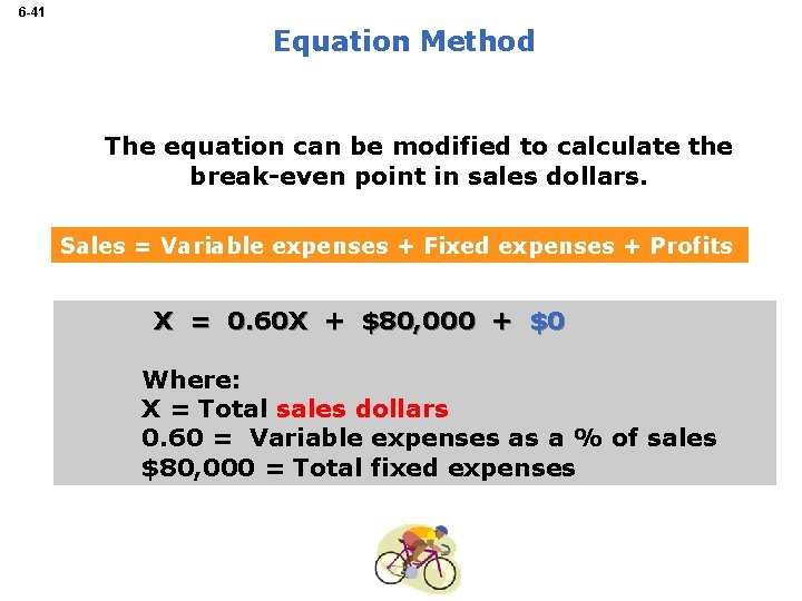 6 -41 Equation Method The equation can be modified to calculate the break-even point