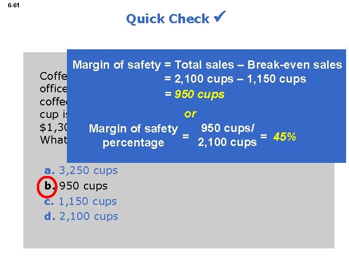 6 -61 Quick Check Margin of safety = Total sales – Break-even sales Coffee