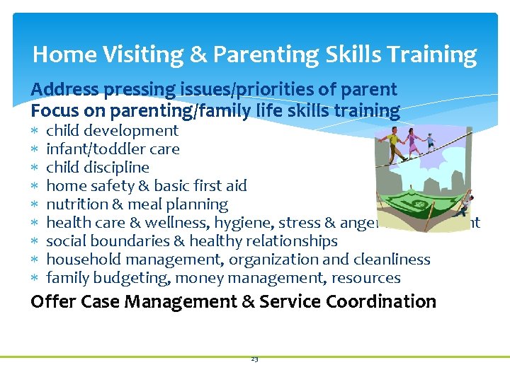 Home Visiting & Parenting Skills Training Address pressing issues/priorities of parent Focus on parenting/family
