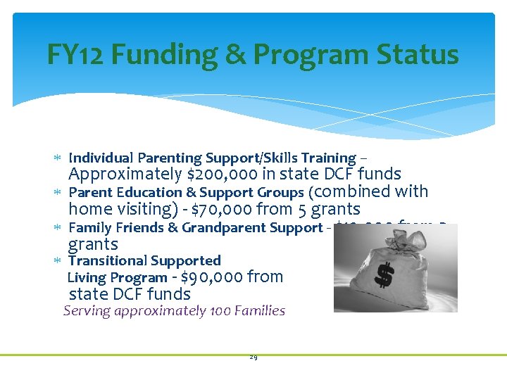 FY 12 Funding & Program Status Individual Parenting Support/Skills Training – Approximately $200, 000