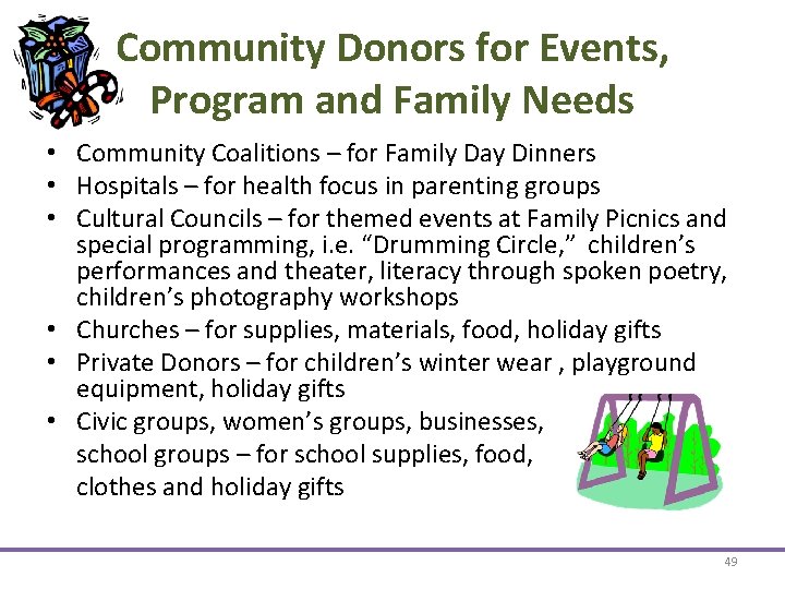 Community Donors for Events, Program and Family Needs • Community Coalitions – for Family