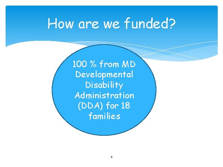 How are we funded? 100 % from MD Developmental Disability Administration (DDA) for 18