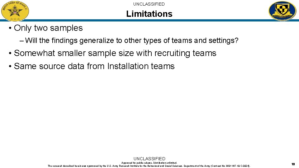 UNCLASSIFIED Limitations • Only two samples – Will the findings generalize to other types