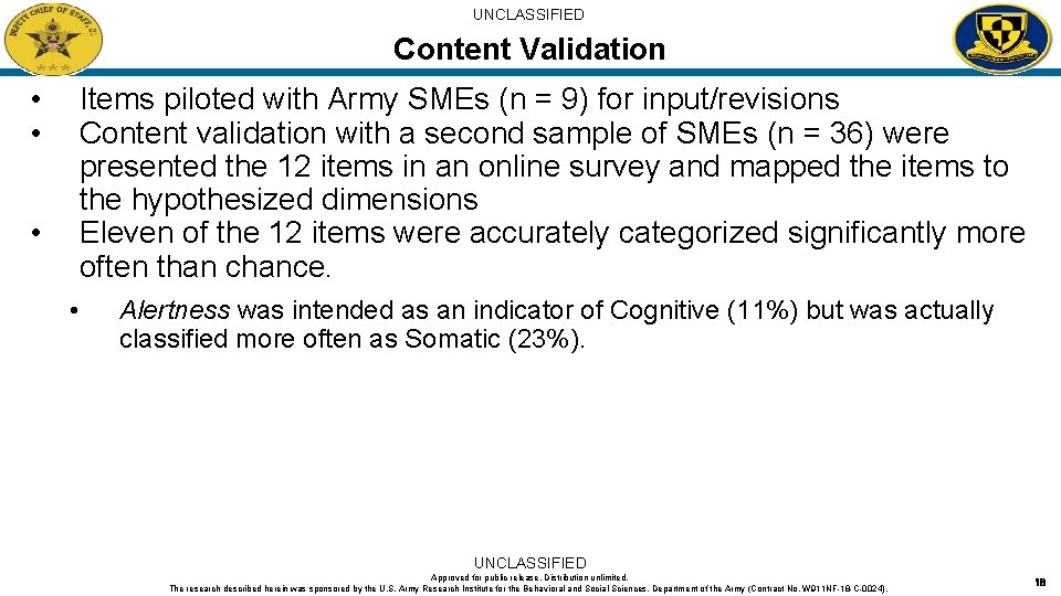UNCLASSIFIED Content Validation • • Items piloted with Army SMEs (n = 9) for