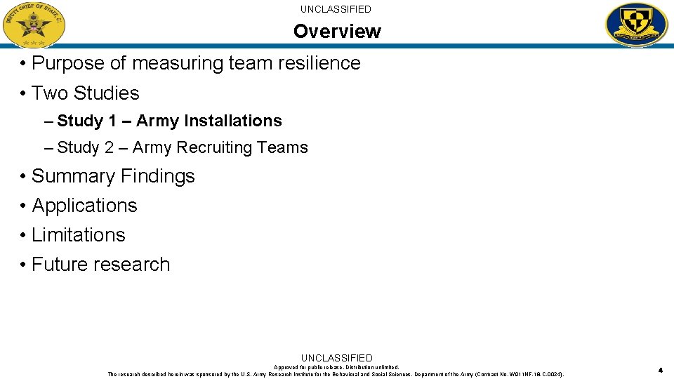 UNCLASSIFIED Overview • Purpose of measuring team resilience • Two Studies – Study 1