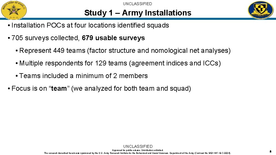 UNCLASSIFIED Study 1 – Army Installations • Installation POCs at four locations identified squads