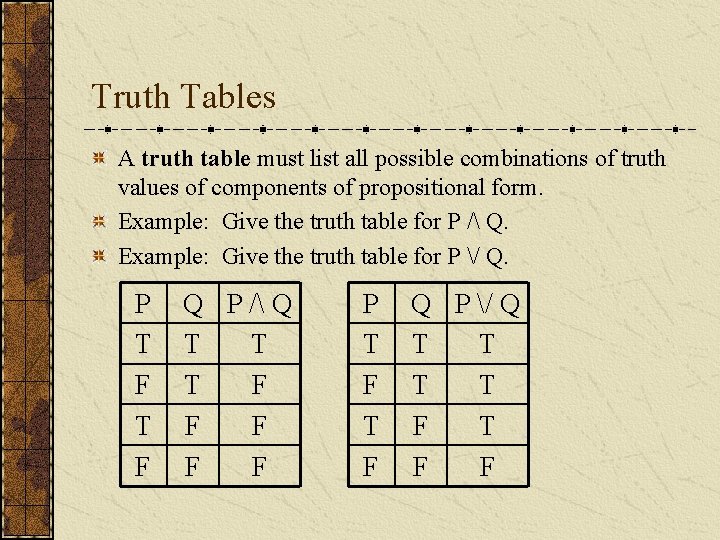 Truth Tables A truth table must list all possible combinations of truth values of