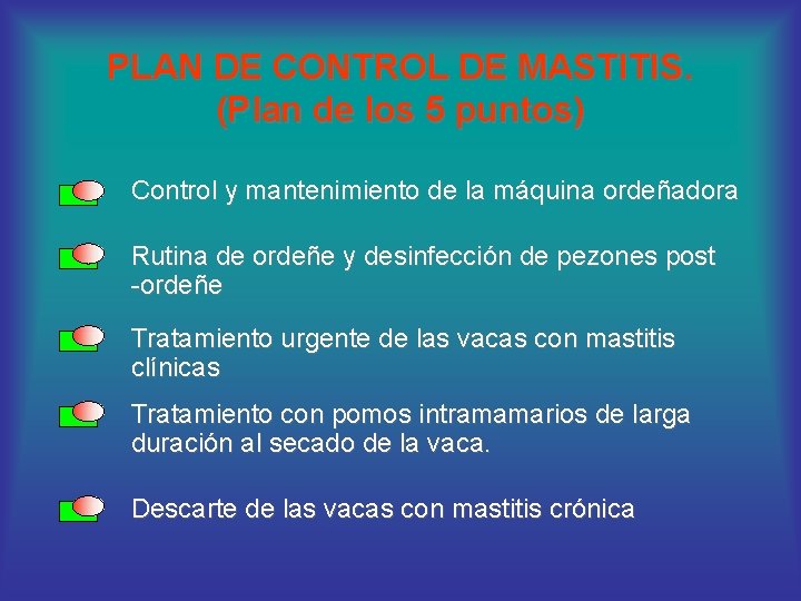 PLAN DE CONTROL DE MASTITIS. (Plan de los 5 puntos) Control y mantenimiento de