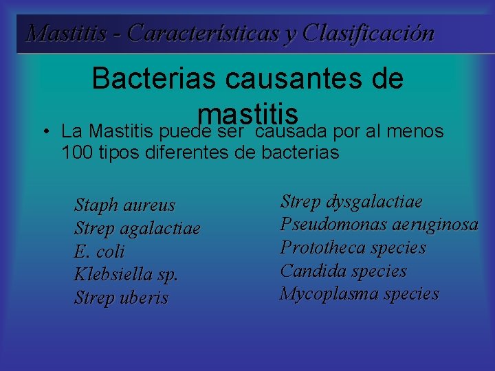 Mastitis - Características y Clasificación • Bacterias causantes de mastitis La Mastitis puede ser