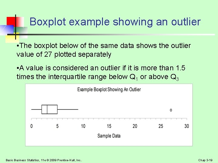 Boxplot example showing an outlier • The boxplot below of the same data shows