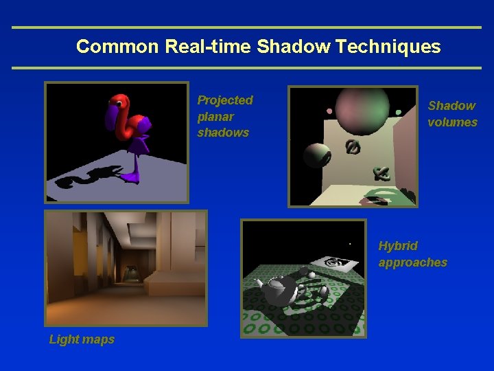 Common Real-time Shadow Techniques Projected planar shadows Shadow volumes Hybrid approaches Light maps 