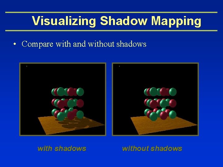 Visualizing Shadow Mapping • Compare with and without shadows 