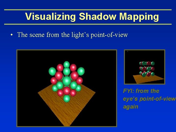 Visualizing Shadow Mapping • The scene from the light’s point-of-view FYI: from the eye’s