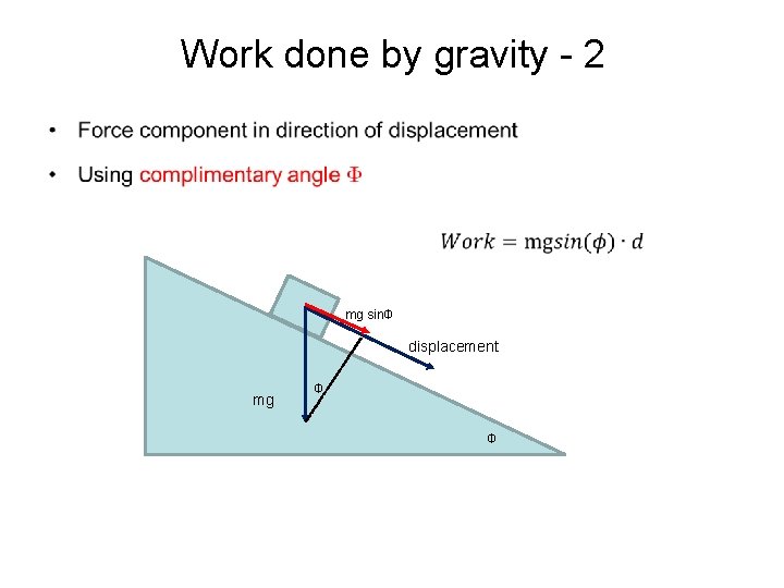 Work done by gravity - 2 • mg sinΦ displacement mg Φ Φ Work done by gravity - 2 • mg sinΦ displacement mg Φ Φ
