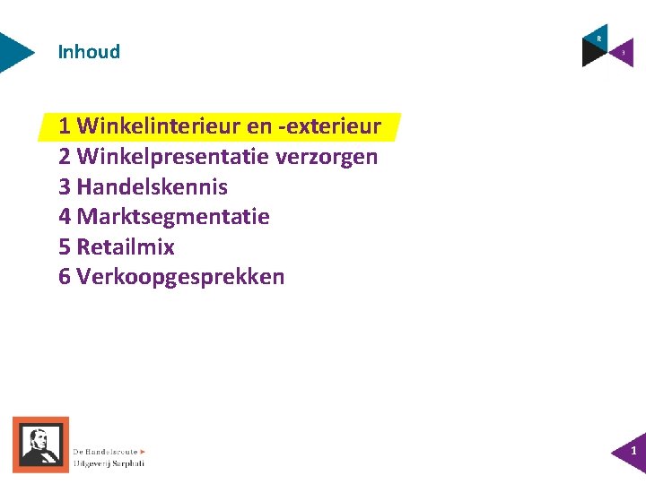 Inhoud 1 Winkelinterieur en -exterieur 2 Winkelpresentatie verzorgen 3 Handelskennis 4 Marktsegmentatie 5 Retailmix