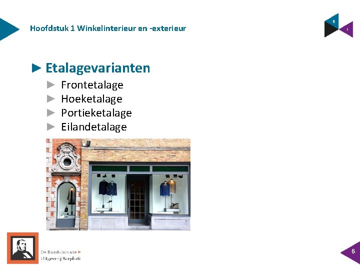 Hoofdstuk 1 Winkelinterieur en -exterieur ► Etalagevarianten ► ► Frontetalage Hoeketalage Portieketalage Eilandetalage 6 Hoofdstuk 1 Winkelinterieur en -exterieur ► Etalagevarianten ► ► Frontetalage Hoeketalage Portieketalage Eilandetalage 6