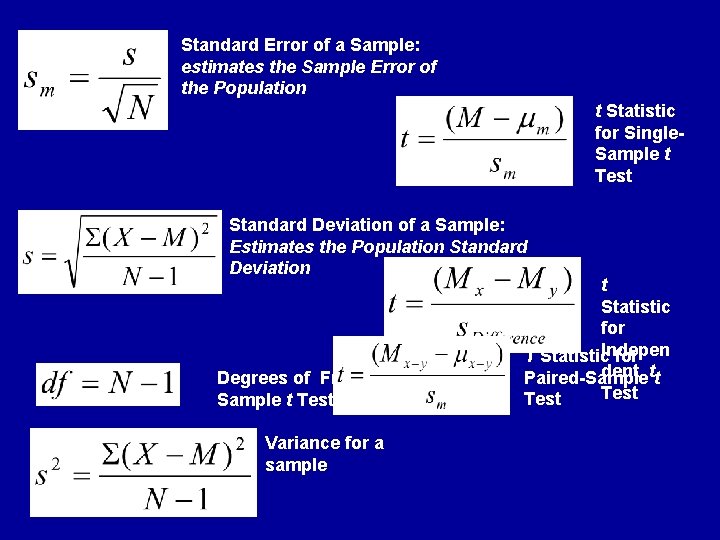 Standard Error of a Sample: estimates the Sample Error of the Population t Statistic