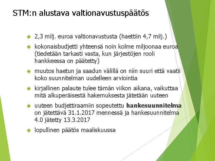 STM: n alustava valtionavustuspäätös 2, 3 milj. euroa valtionavustusta (haettiin 4, 7 milj. )