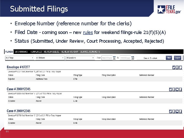 Submitted Filings • Envelope Number (reference number for the clerks) • Filed Date -