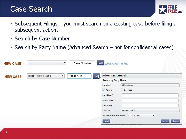 Case Search • Subsequent Filings – you must search on a existing case before