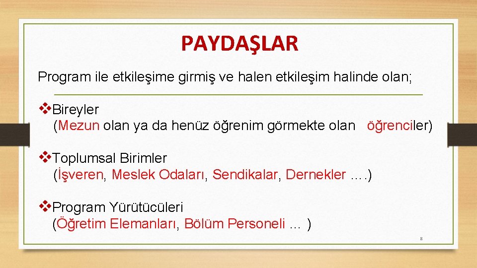 PAYDAŞLAR Program ile etkileşime girmiş ve halen etkileşim halinde olan; v. Bireyler (Mezun olan