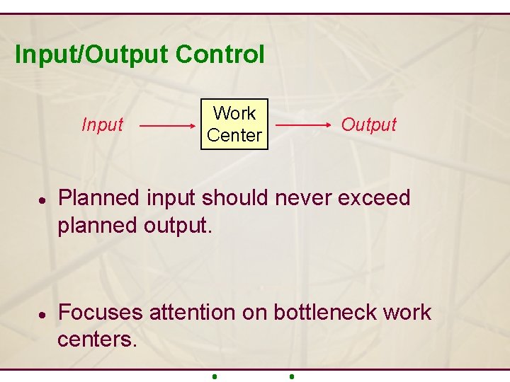 Input/Output Control Input Work Center Output · Planned input should never exceed planned output.