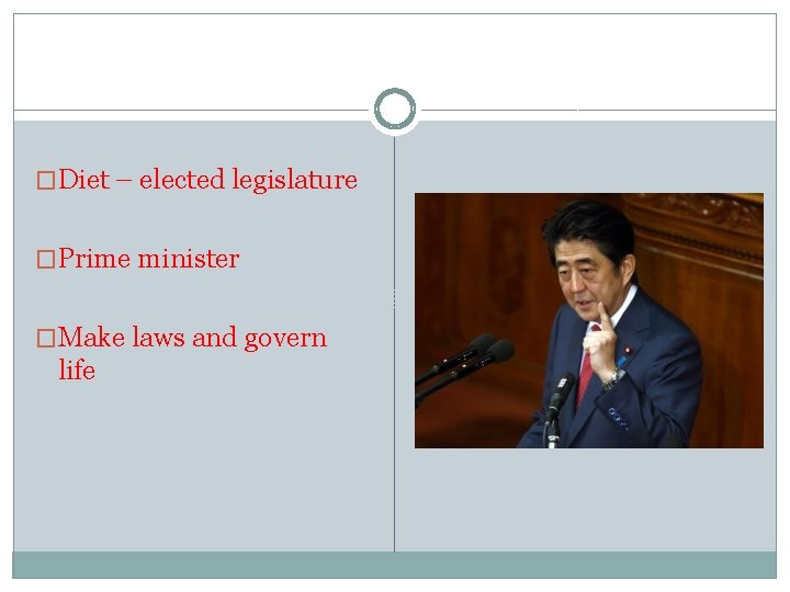 �Diet – elected legislature �Prime minister �Make laws and govern life 