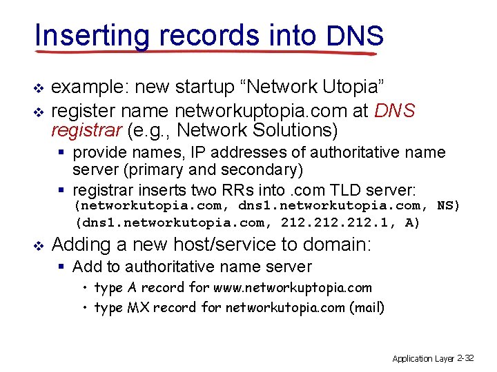 Inserting records into DNS v v example: new startup “Network Utopia” register name networkuptopia.