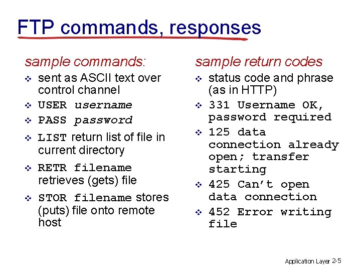 FTP commands, responses sample commands: v v v sent as ASCII text over control