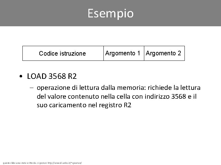 Esempio Codice istruzione Argomento 1 Argomento 2 • LOAD 3568 R 2 – operazione