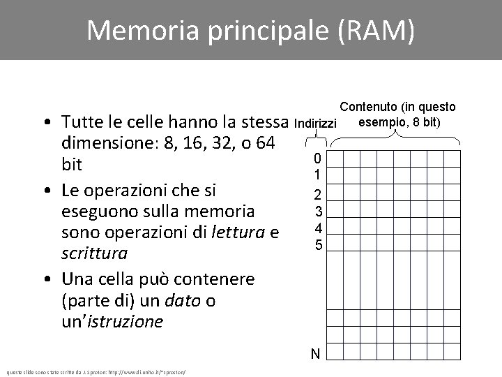 Memoria principale (RAM) • Tutte le celle hanno la stessa dimensione: 8, 16, 32,