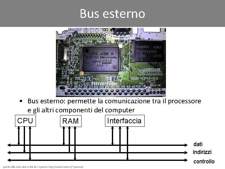 Bus esterno • Bus esterno: permette la comunicazione tra il processore e gli altri