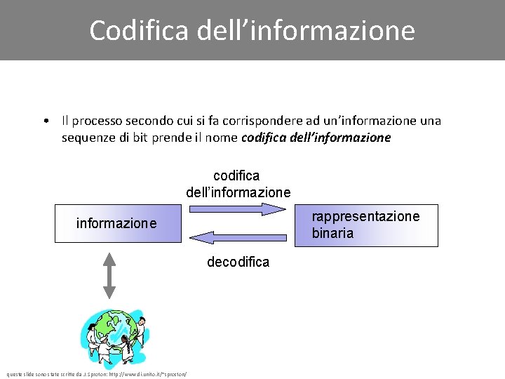 Codifica dell’informazione • Il processo secondo cui si fa corrispondere ad un’informazione una sequenze