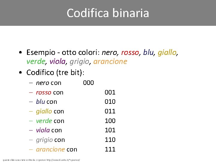 Codifica binaria • Esempio - otto colori: nero, rosso, blu, giallo, verde, viola, grigio,