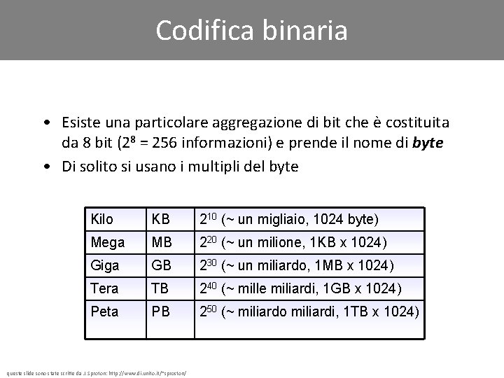 Codifica binaria • Esiste una particolare aggregazione di bit che è costituita da 8