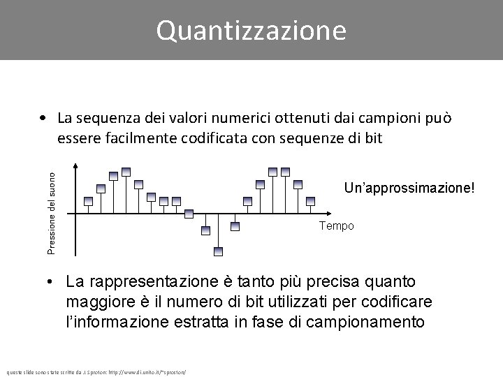 Quantizzazione Pressione del suono • La sequenza dei valori numerici ottenuti dai campioni può