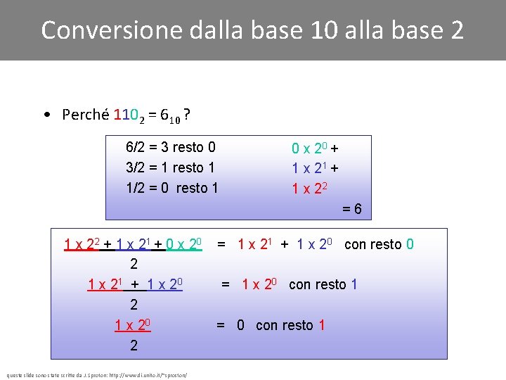 Conversione dalla base 10 alla base 2 • Perché 1102 = 610 ? 6/2