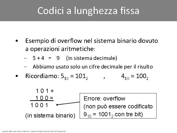 Codici a lunghezza fissa • Esempio di overflow nel sistema binario dovuto a operazioni