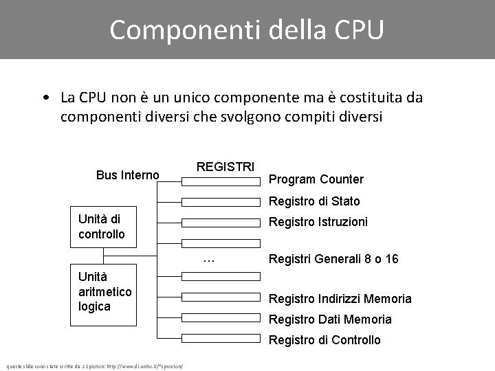 Componenti della CPU • La CPU non è un unico componente ma è costituita