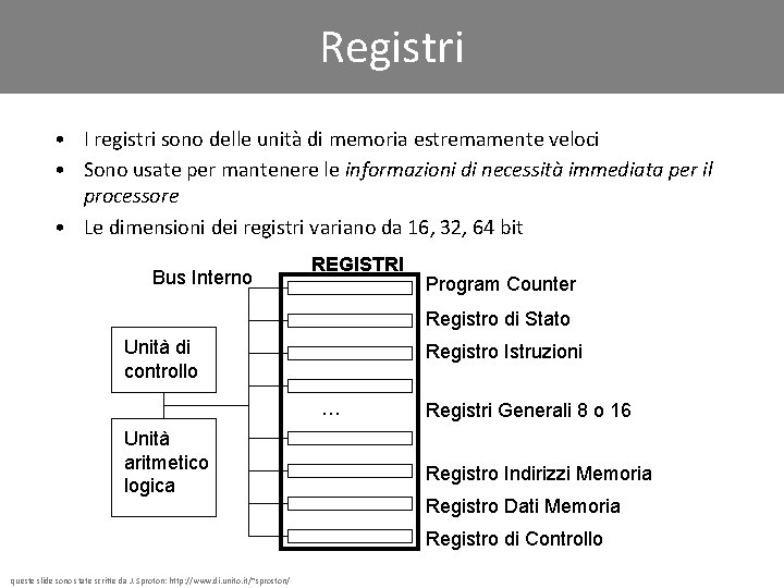 Registri • I registri sono delle unità di memoria estremamente veloci • Sono usate