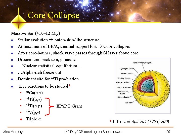 Core Collapse Massive star (>10– 12 M ) n Stellar evolution onion-skin-like structure n