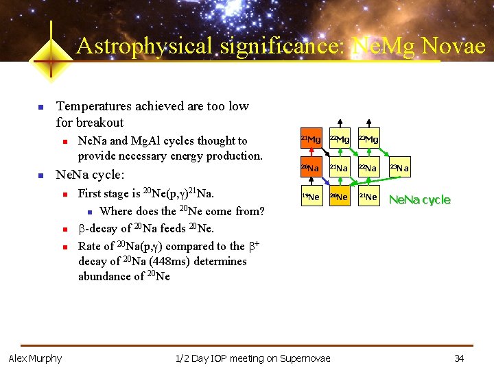 Astrophysical significance: Ne. Mg Novae n Temperatures achieved are too low for breakout n