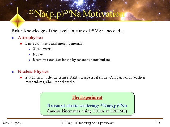20 Na(p, p)20 Na Motivation Better knowledge of the level structure of 21 Mg