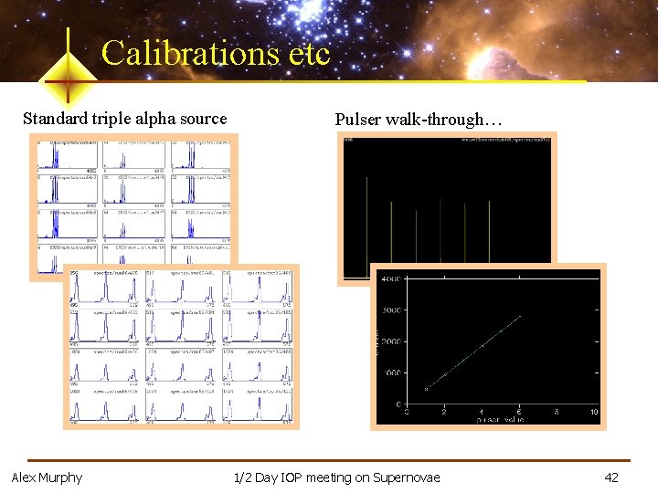 Calibrations etc Standard triple alpha source Alex Murphy Pulser walk-through… 1/2 Day IOP meeting