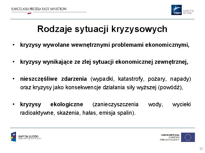 Rodzaje sytuacji kryzysowych • kryzysy wywołane wewnętrznymi problemami ekonomicznymi, • kryzysy wynikające ze złej Rodzaje sytuacji kryzysowych • kryzysy wywołane wewnętrznymi problemami ekonomicznymi, • kryzysy wynikające ze złej