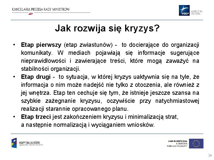 Jak rozwija się kryzys? • Etap pierwszy (etap zwiastunów) - to docierające do organizacji