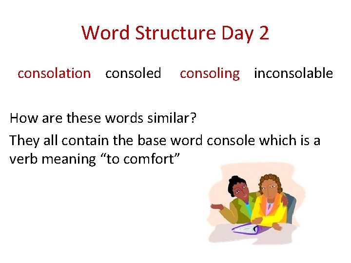 Word Structure Day 2 consolation consoled consoling inconsolable How are these words similar? They